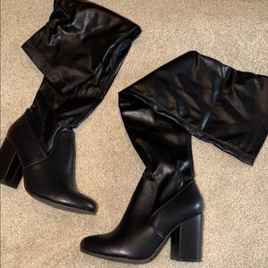 Boohoo Black Faux Leather Over The Knee Block Heel Boots